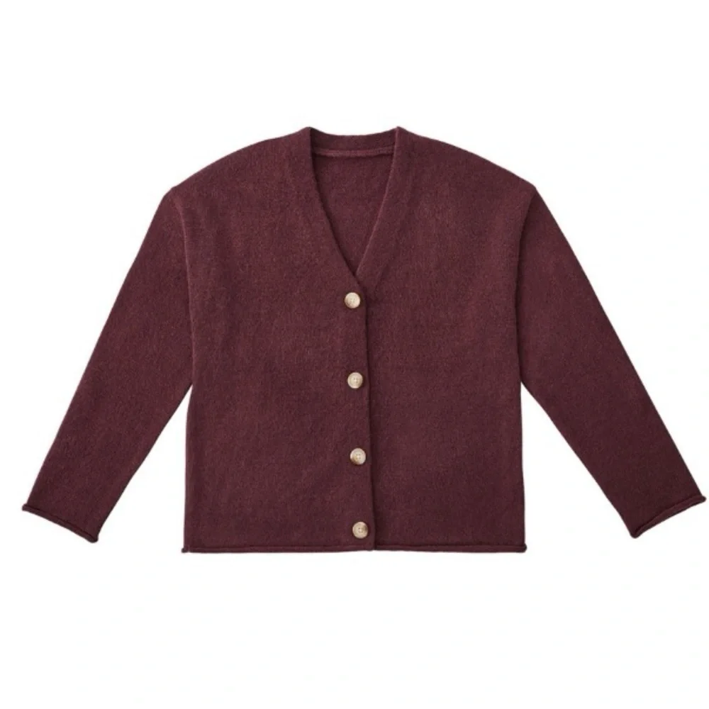 Burgundy V-Neck Ribbed Knit Cardigan